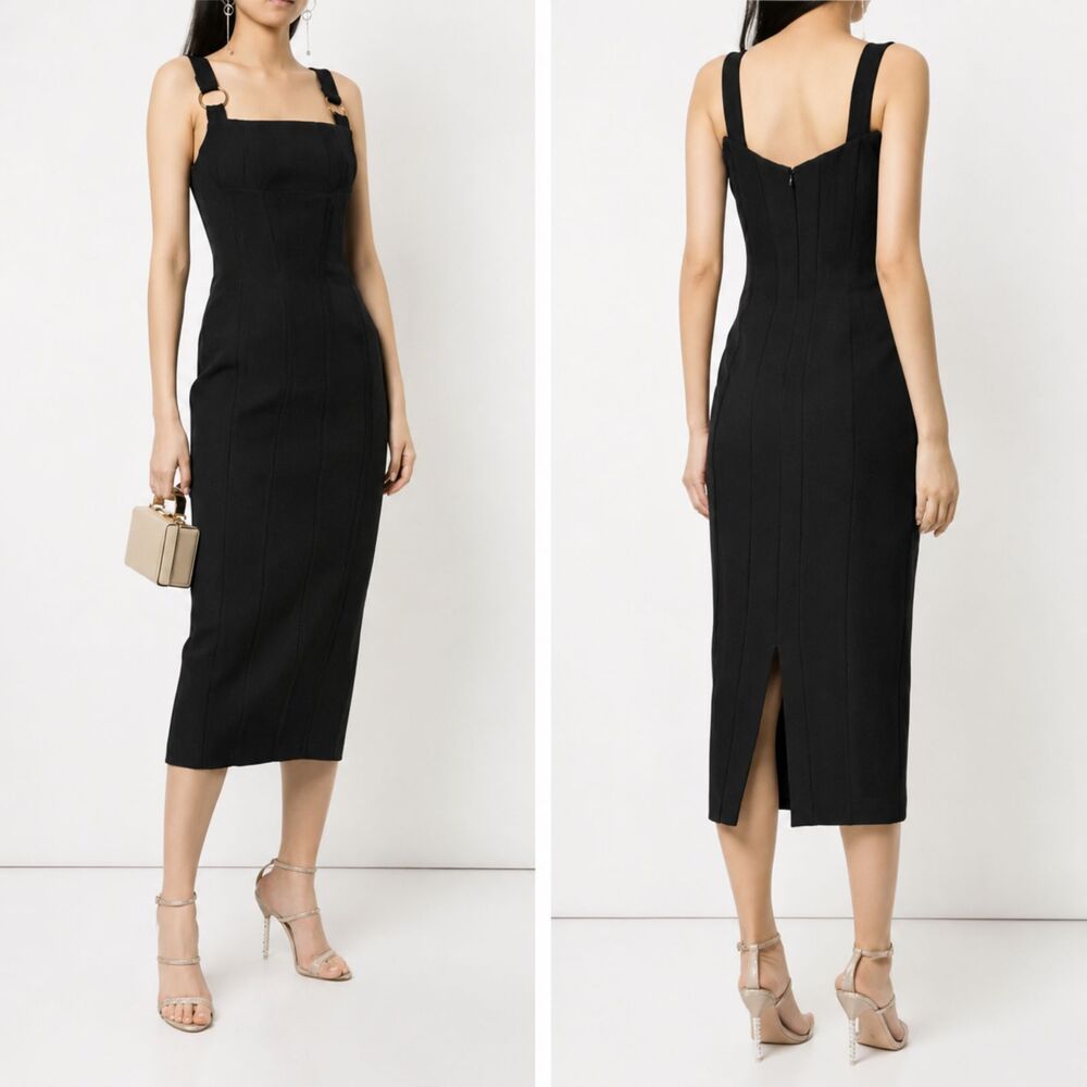 Rachel Gilbert Abiba Black Structured Fitted Midi Dress RG 2 US 6